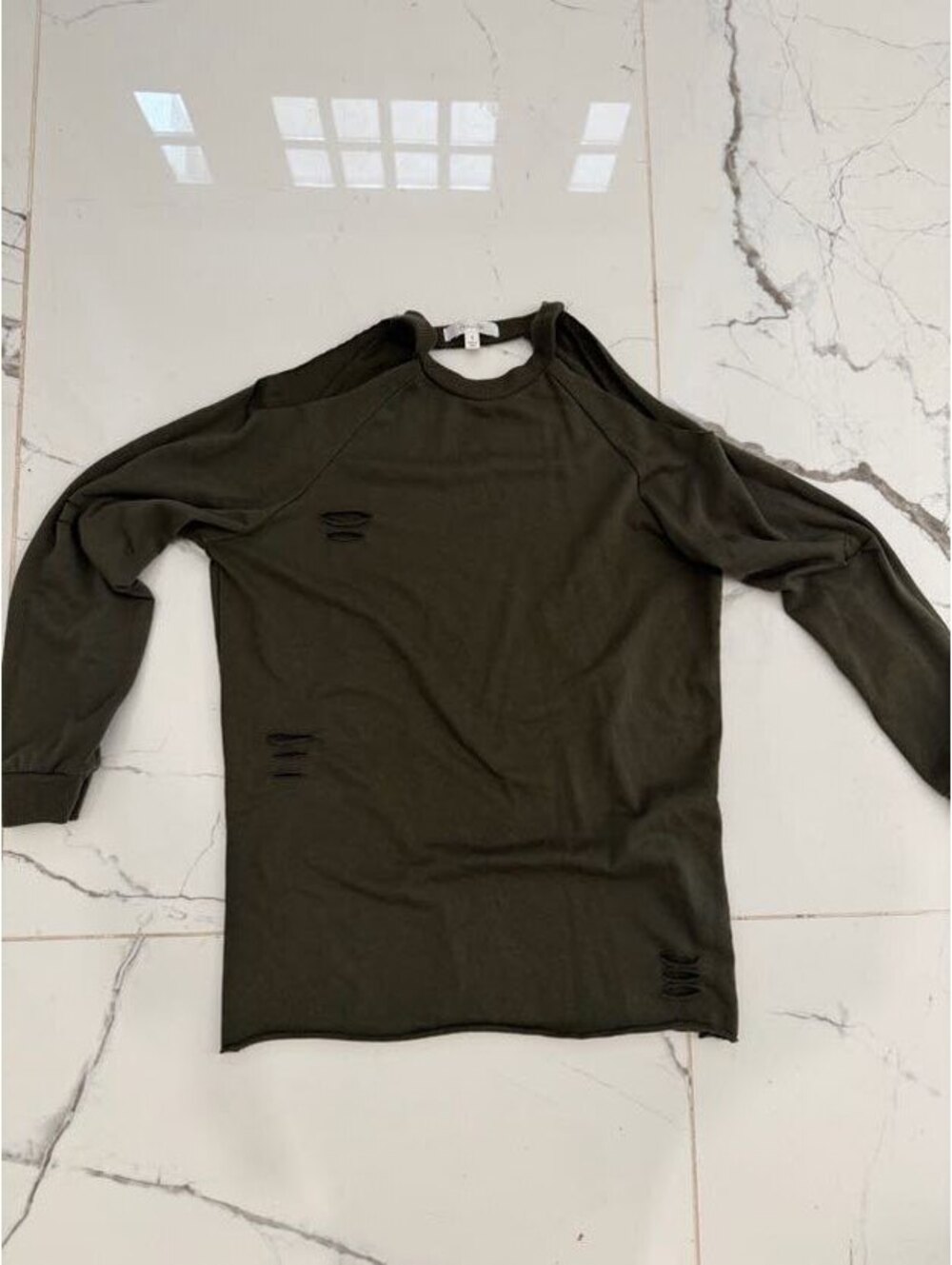 Active USA Olive Distressed Cold Shoulder Sweatshirt S
